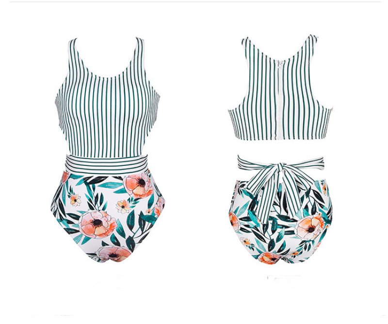 画像7: Women's thin stripes covered belly sexy backless Swimsuit ストライプ&フラワー柄バックリボンスタイルワンピーススイムウエア水着モノキニ (7)