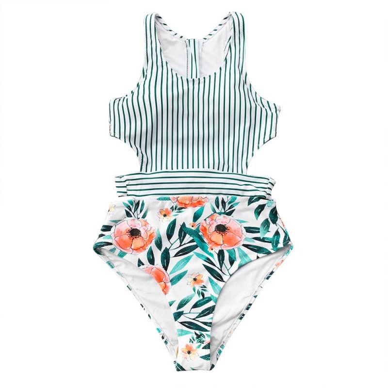 画像6: Women's thin stripes covered belly sexy backless Swimsuit ストライプ&フラワー柄バックリボンスタイルワンピーススイムウエア水着モノキニ (6)