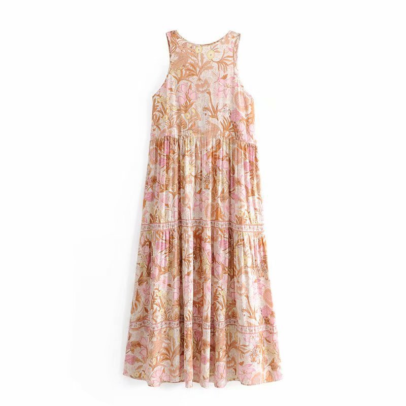 画像6:  Women's positioning printing sleeveless printed dress long dress フローラル花柄ロング マキシ丈ドレス ワンピース フローラル ボヘミアン (6)