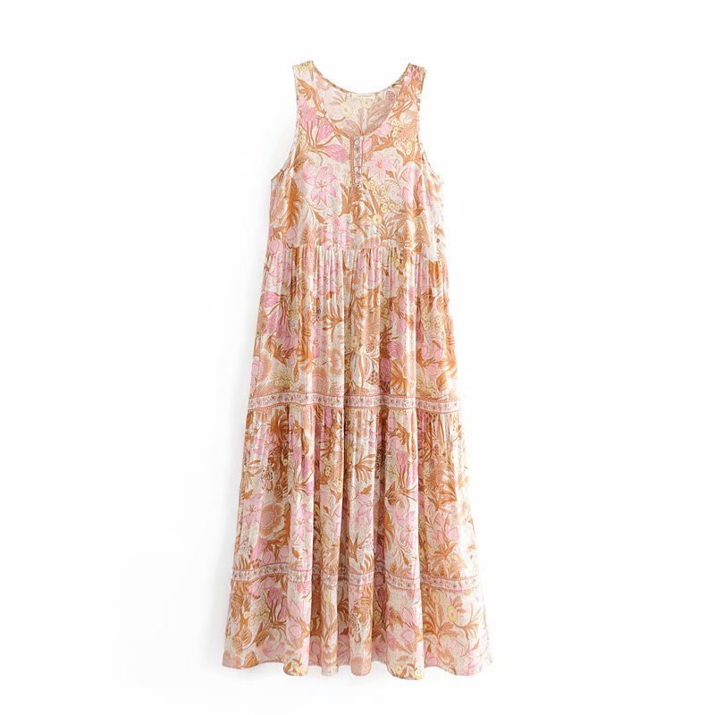 画像5:  Women's positioning printing sleeveless printed dress long dress フローラル花柄ロング マキシ丈ドレス ワンピース フローラル ボヘミアン (5)