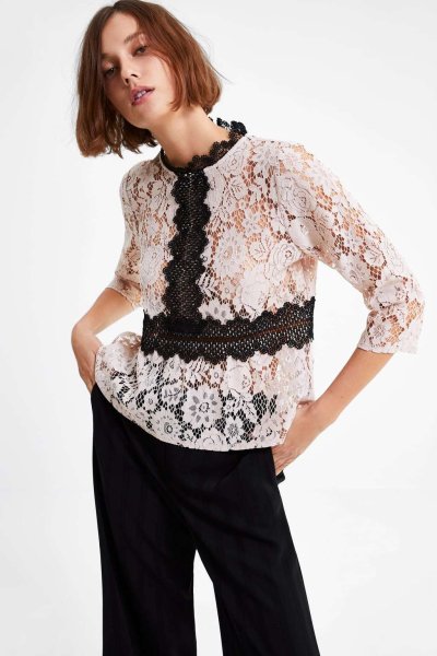 画像1: women's  stitching lace collar shirt 7部袖丈レースブラウス　プルオーバー (1)