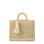 画像1: wooden handle shopping bag rice flower corn husk square woven bag  tote shoulder bagトートショルダー２WAYかご籠ハンドバック (1)