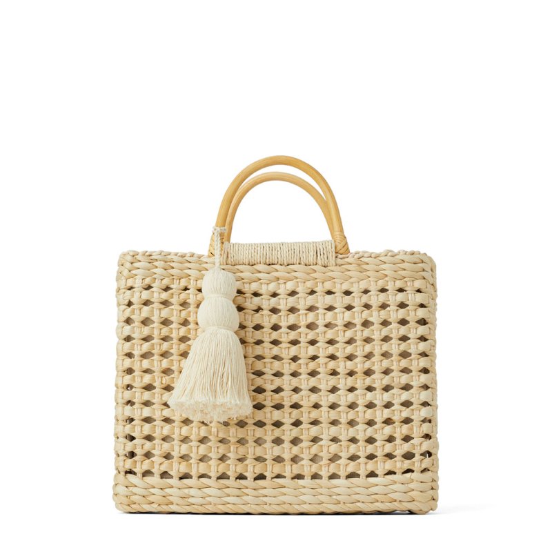 画像1: wooden handle shopping bag rice flower corn husk square woven bag  tote shoulder bagトートショルダー２WAYかご籠ハンドバック (1)