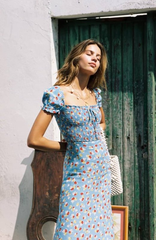 画像3:  Women's  French style elegant temperament  retro print puff sleeves with bow open fork holiday dress　フローラルパフスリーブドレス ワンピース　ボヘミアン (3)