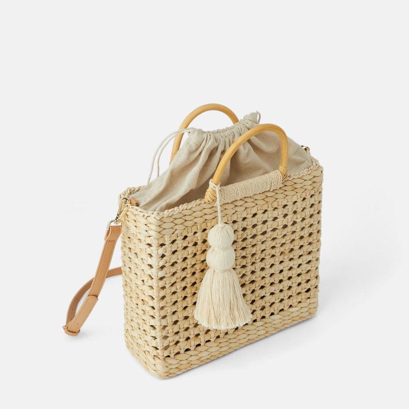 画像3: wooden handle shopping bag rice flower corn husk square woven bag  tote shoulder bagトートショルダー２WAYかご籠ハンドバック (3)