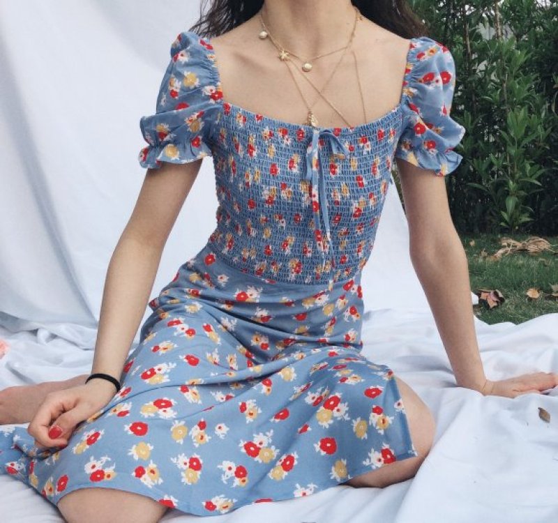 画像2:  Women's  French style elegant temperament  retro print puff sleeves with bow open fork holiday dress　フローラルパフスリーブドレス ワンピース　ボヘミアン (2)