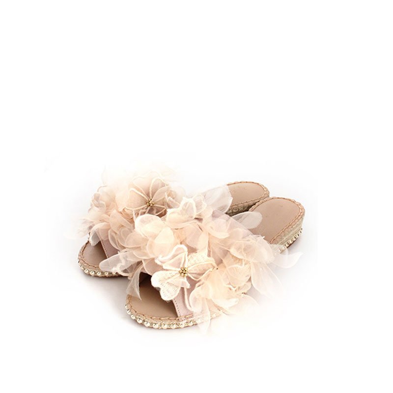 画像5: women's  flowers fairy cake thick bottom hemp straw flat sandals フラワーフラットフェアリーサンダル スリッパ サボ (5)