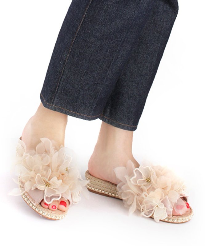 画像3: women's  flowers fairy cake thick bottom hemp straw flat sandals フラワーフラットフェアリーサンダル スリッパ サボ (3)
