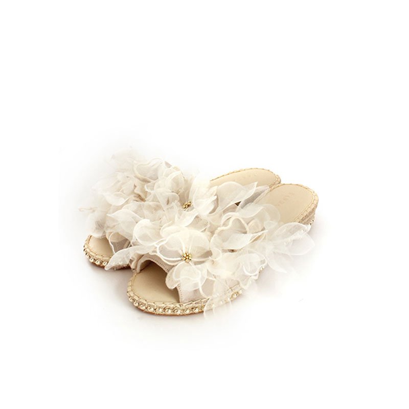 画像4: women's  flowers fairy cake thick bottom hemp straw flat sandals フラワーフラットフェアリーサンダル スリッパ サボ (4)