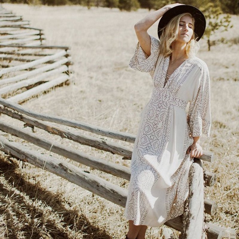画像6:  Women's V-neck Bohemian white fairy dress High waist dress long dress   Vネックボヘミアン エスニック膝下丈ドレス ワンピース  (6)