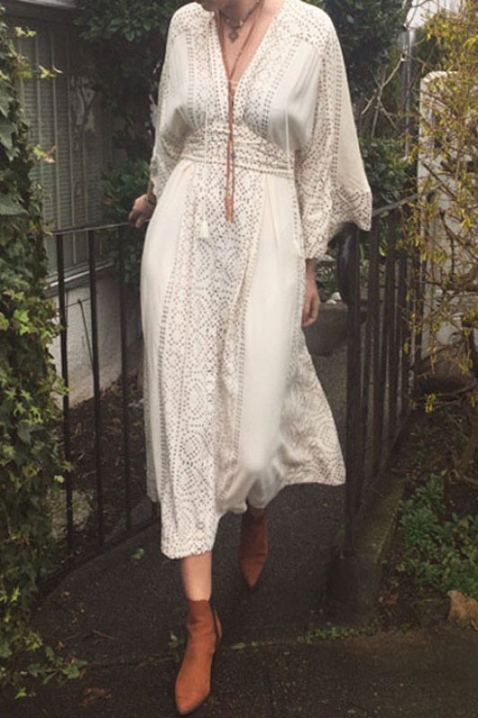 画像4:  Women's V-neck Bohemian white fairy dress High waist dress long dress   Vネックボヘミアン エスニック膝下丈ドレス ワンピース  (4)