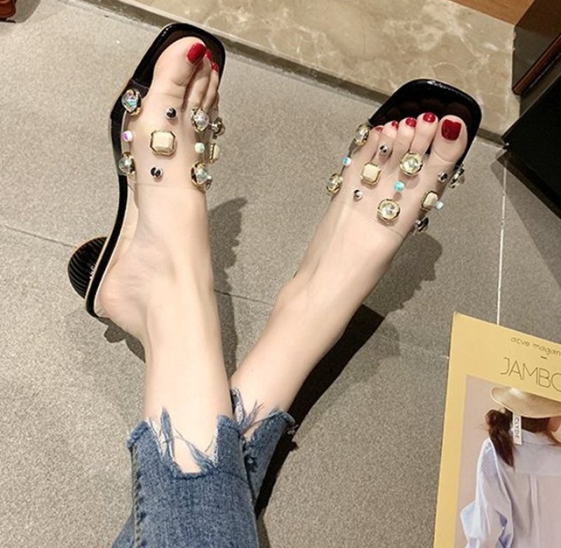 画像4: women's wild transparent rivet word drag Rhinestone slippers ラインストーン付クリアサンダル スリッパ サボ (4)