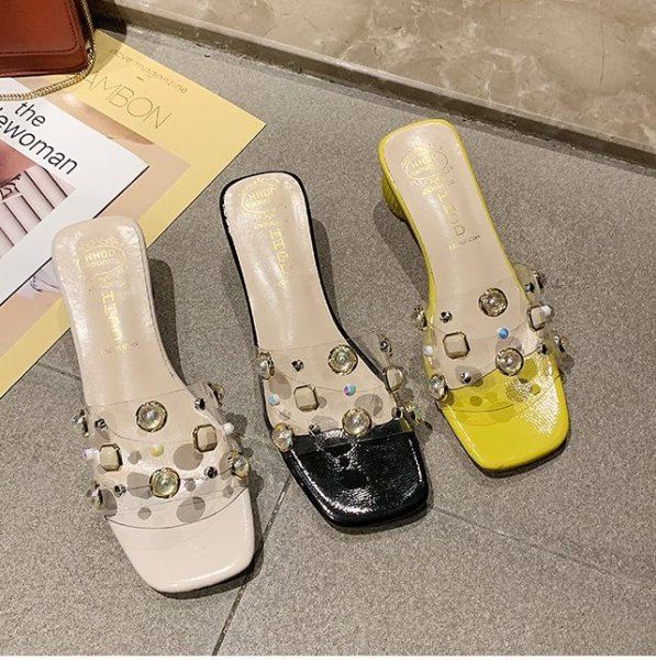 画像1: women's wild transparent rivet word drag Rhinestone slippers ラインストーン付クリアサンダル　スリッパ サボ (1)