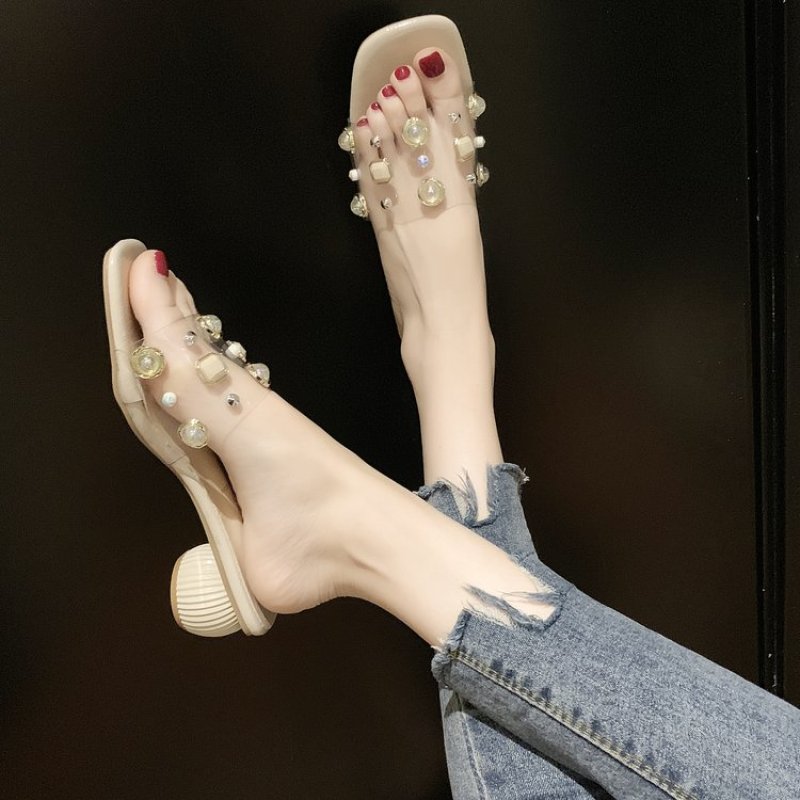 画像2: women's wild transparent rivet word drag Rhinestone slippers ラインストーン付クリアサンダル スリッパ サボ (2)