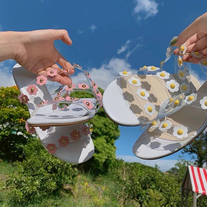 画像4: women's  transparent fashion flower flat  sandals and slippers フラワー付きフラットクリアサンダル　スリッパ サボ (4)
