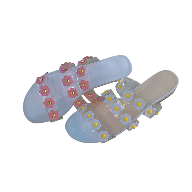 画像1: women's  transparent fashion flower flat  sandals and slippers フラワー付きフラットクリアサンダル　スリッパ サボ (1)