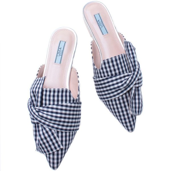 画像1: women's  baotou plaid wear slippers bow sweet pointed flat shoes sandals slippers flat sandals フラットボウチェックポインテッドトゥパンプスサンダル　スリッパ サボ (1)