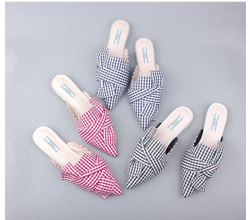 画像3: women's  baotou plaid wear slippers bow sweet pointed flat shoes sandals slippers flat sandals フラットボウチェックポインテッドトゥパンプスサンダル　スリッパ サボ (3)