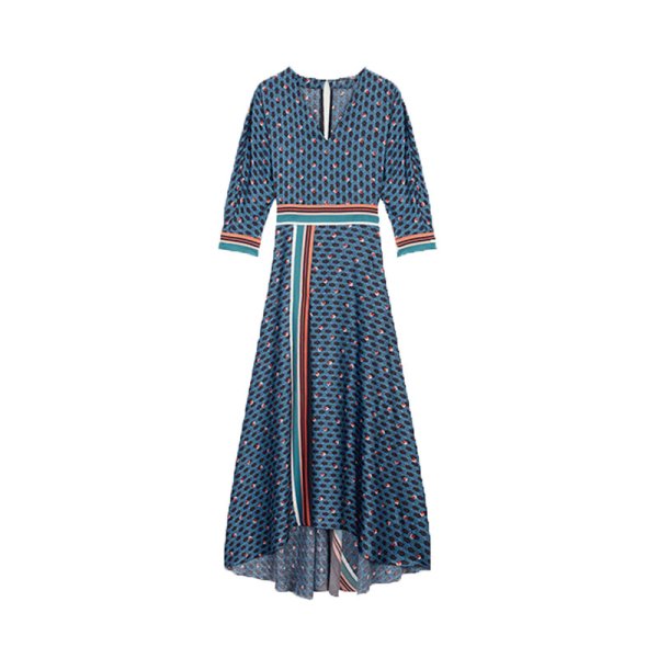 画像5:  Women's retro print seven-point sleeve belt V-neck dress long dress  レトロ花柄 ボヘミアン エスニック膝下丈ロング7分袖ドレス ワンピース　 (5)