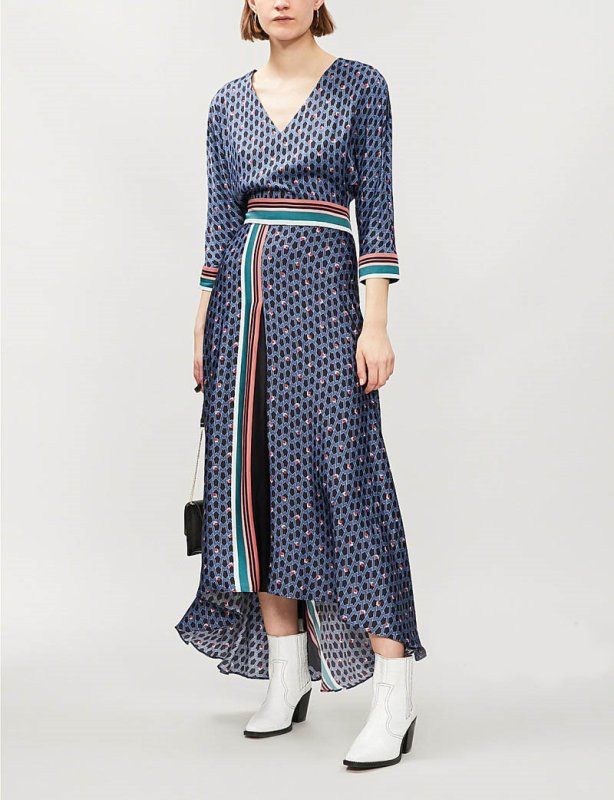 画像3:  Women's retro print seven-point sleeve belt V-neck dress long dress  レトロ花柄 ボヘミアン エスニック膝下丈ロング7分袖ドレス ワンピース　 (3)
