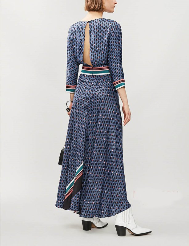 画像4:  Women's retro print seven-point sleeve belt V-neck dress long dress  レトロ花柄 ボヘミアン エスニック膝下丈ロング7分袖ドレス ワンピース　 (4)