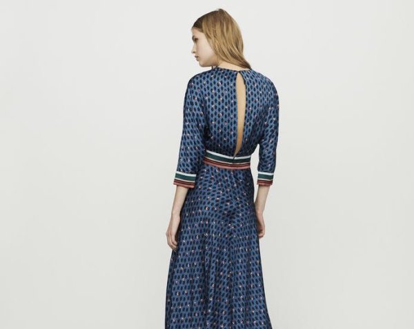 画像2:  Women's retro print seven-point sleeve belt V-neck dress long dress  レトロ花柄 ボヘミアン エスニック膝下丈ロング7分袖ドレス ワンピース　 (2)