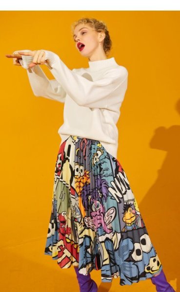 画像1: Women's comic cartoon Sesame Street printed pleated skirt　セサミストリート膝丈プリーツスカート (1)