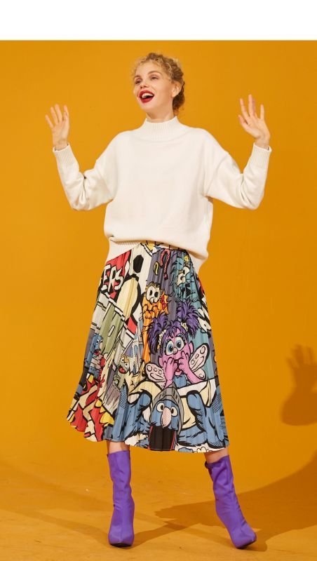 画像3: Women's comic cartoon Sesame Street printed pleated skirt　セサミストリート膝丈プリーツスカート (3)