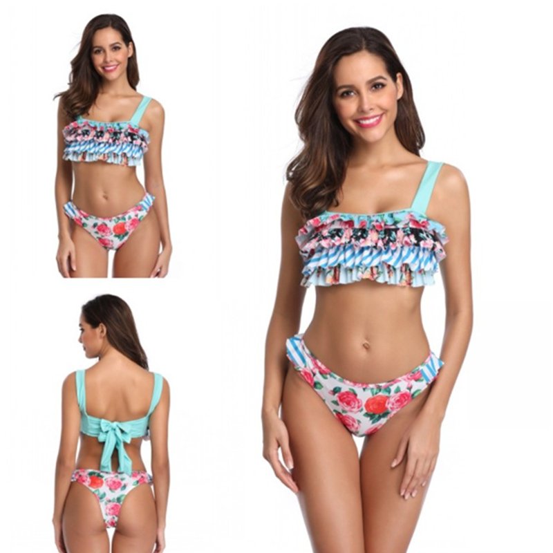 画像4: Women's layer flash print bikini swimsuit sexy backless Swimsuit フラワー柄レイヤーバックリボンスタイルビキニスイムウエア水着モノキニ (4)