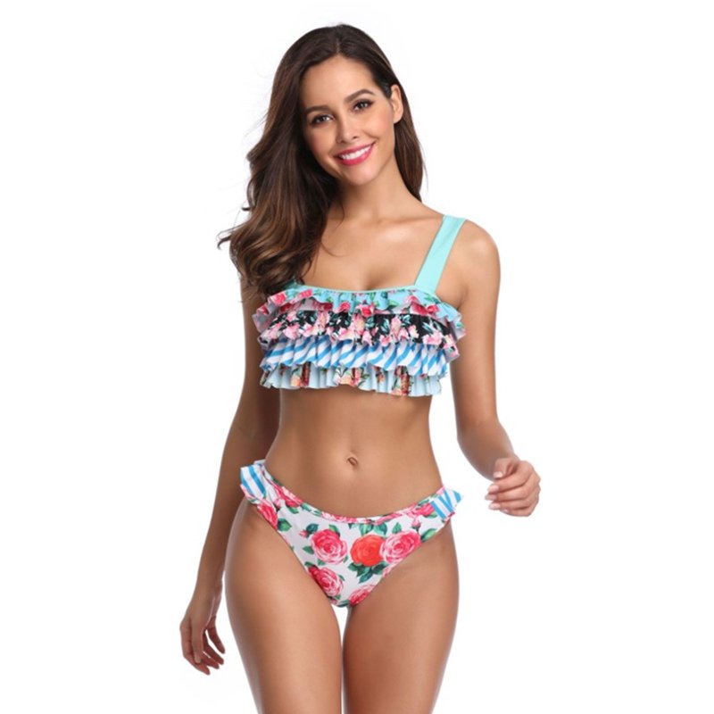 画像1: Women's layer flash print bikini swimsuit sexy backless Swimsuit フラワー柄レイヤーバックリボンスタイルビキニスイムウエア水着モノキニ (1)