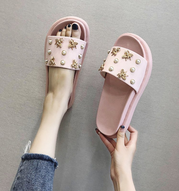 画像3:  Women's rubber PU cake bottom low heel Sandals slippers パール& bee蜂のモチーフ付フラットサンダル スリッパ サボ (3)