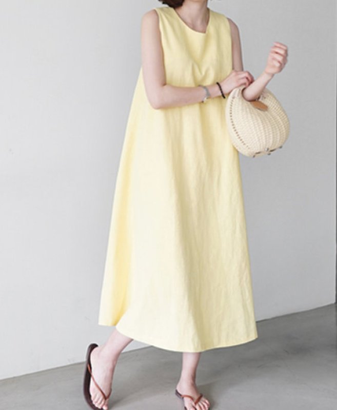 画像3:  Women's cotton and linen sleeveless long dress  ベーシックノースリーブ膝下丈ロングドレス ワンピース　 (3)