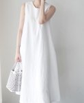 画像4:  Women's cotton and linen sleeveless long dress  ベーシックノースリーブ膝下丈ロングドレス ワンピース　 (4)