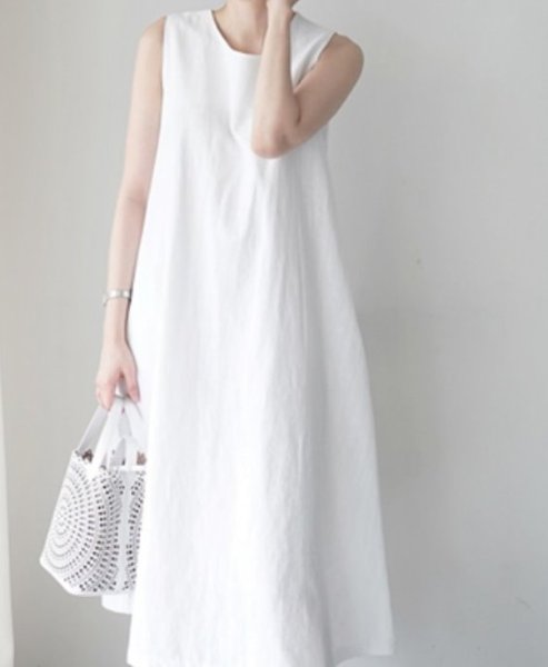 画像4:  Women's cotton and linen sleeveless long dress  ベーシックノースリーブ膝下丈ロングドレス ワンピース　 (4)