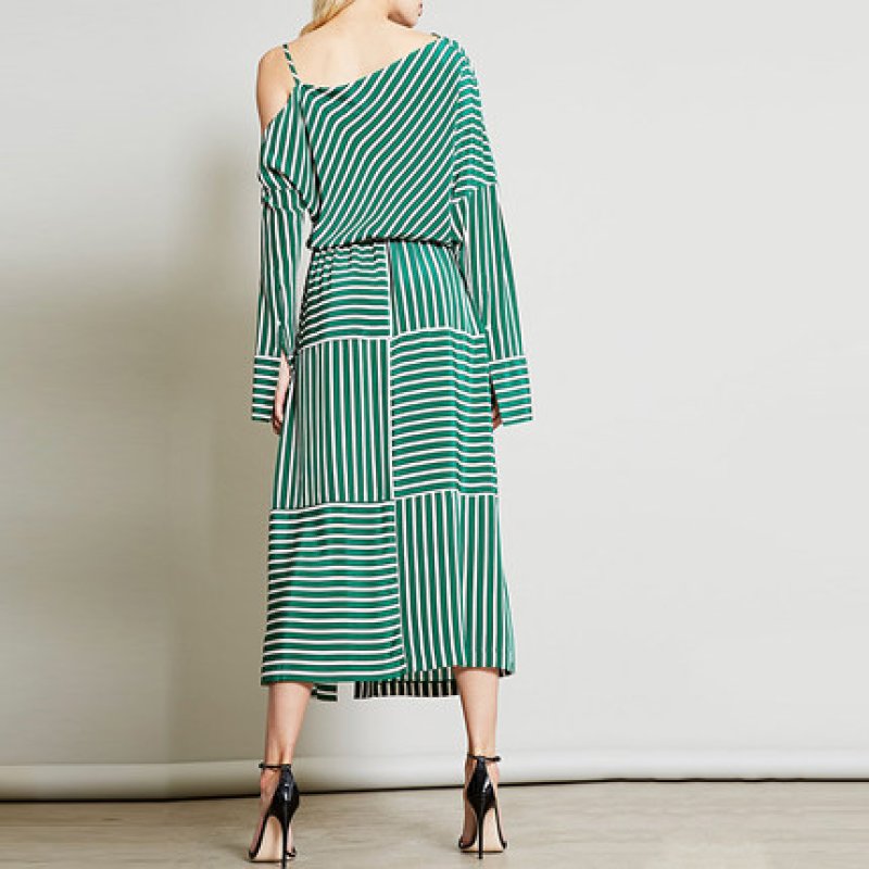 画像3:  Women's personality shoulder strap lattice stripe high waist tie long sleeve split long dress ストライプ膝下丈ロングドレス ワンピース　 (3)