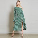 画像1:  Women's personality shoulder strap lattice stripe high waist tie long sleeve split long dress ストライプ膝下丈ロングドレス ワンピース　 (1)