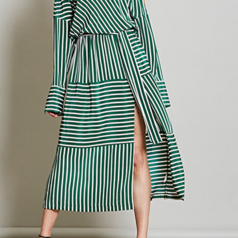 画像4:  Women's personality shoulder strap lattice stripe high waist tie long sleeve split long dress ストライプ膝下丈ロングドレス ワンピース　 (4)