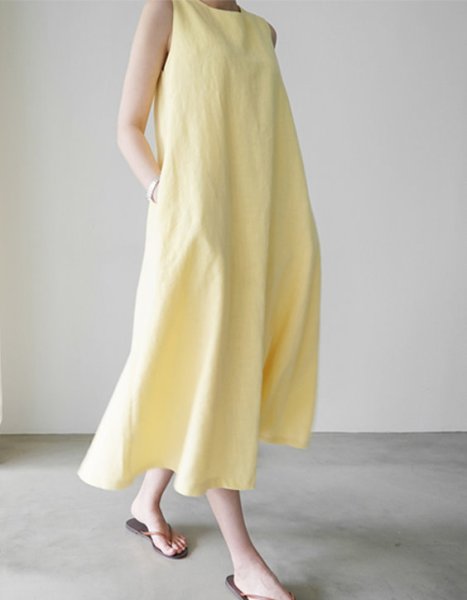 画像1:  Women's cotton and linen sleeveless long dress  ベーシックノースリーブ膝下丈ロングドレス ワンピース　 (1)