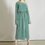 画像2:  Women's personality shoulder strap lattice stripe high waist tie long sleeve split long dress ストライプ膝下丈ロングドレス ワンピース　 (2)