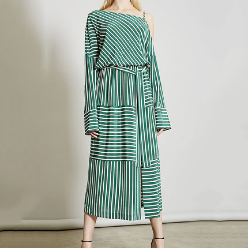 画像2:  Women's personality shoulder strap lattice stripe high waist tie long sleeve split long dress ストライプ膝下丈ロングドレス ワンピース　 (2)