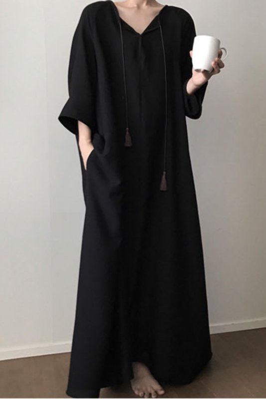 画像4:  Women's V-neck tie tassel design loose solid color  long dress  ベーシックロングドレス ワンピース　 (4)