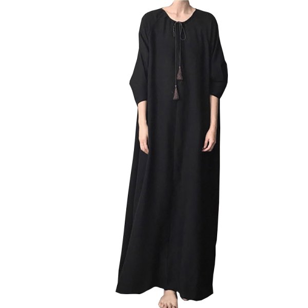 画像1:  Women's V-neck tie tassel design loose solid color  long dress  ベーシックロングドレス ワンピース　 (1)