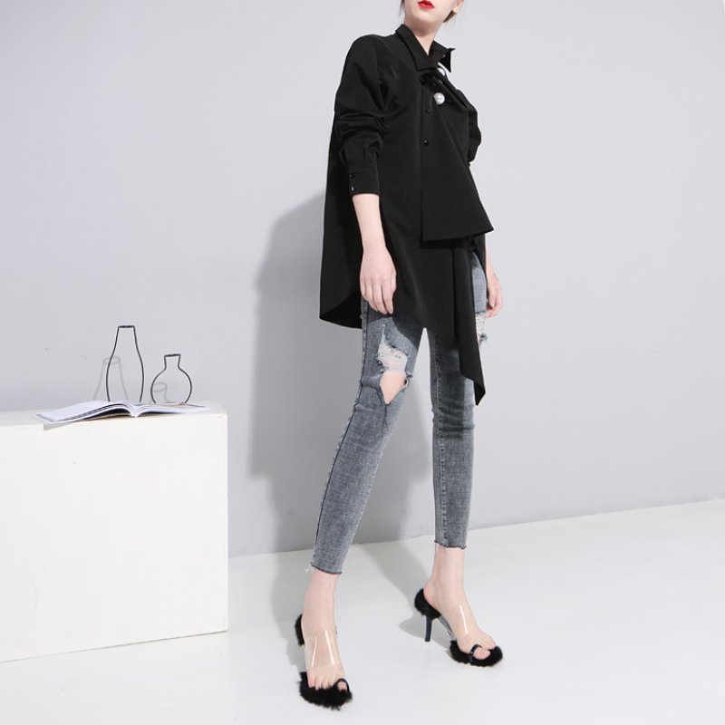 画像6: women's  Homemade Small Two-Piece Large Pearl Wrinkled Shirt  大きな真珠ボタンがポイントの変形デザインブラウス ビッグ パール付き シャツ (6)