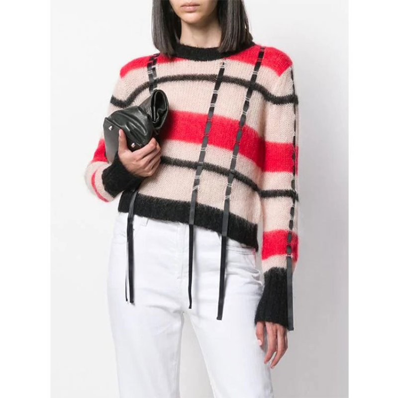 画像3: women's Handmade belt decoration streamer sweater  foreign style thin section color checkered sweater チェックモヘアベルト付きセーター プルオーバー (3)