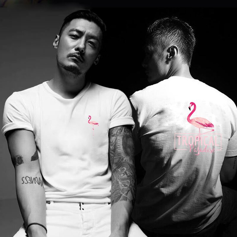 画像2: men's round neck lovers wind half sleeve cottonT-Shirt　　フラミンゴ＆バックロゴプリント半袖Tシャツ　男女兼用　 (2)