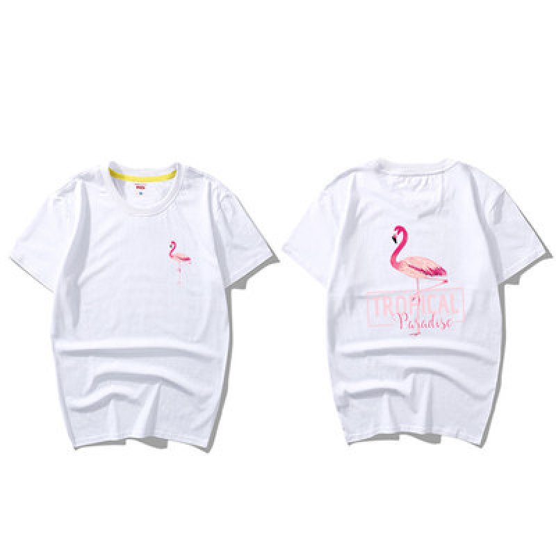 画像6: men's round neck lovers wind half sleeve cottonT-Shirt　　フラミンゴ＆バックロゴプリント半袖Tシャツ　男女兼用　 (6)