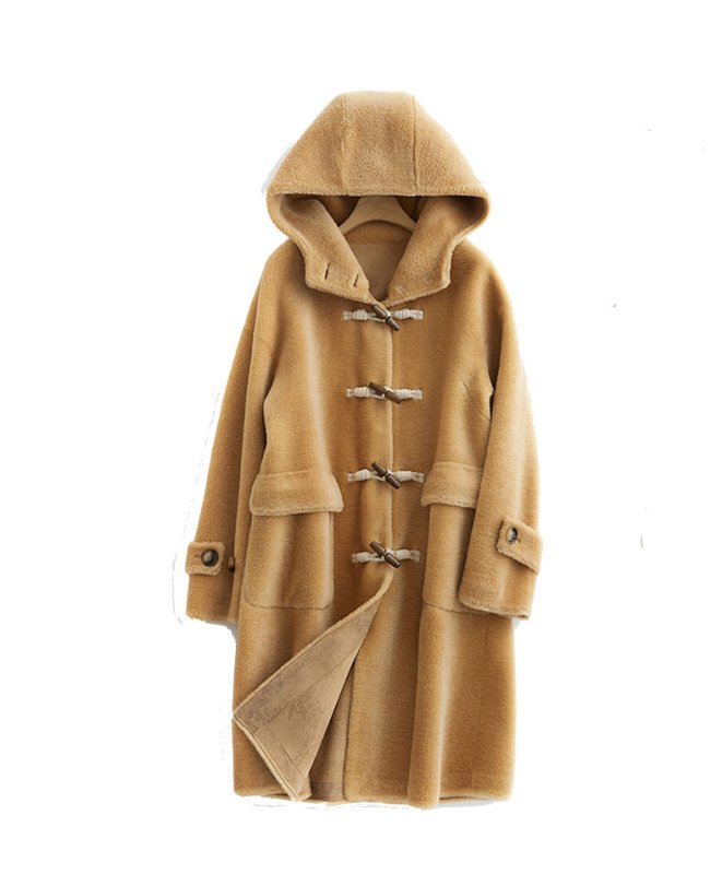 画像2: Woman's sheep shearing female hooded horn buckle wool grain fur coat  velvet jacket  シープスキンシャーリングダッフルコートコート  (2)
