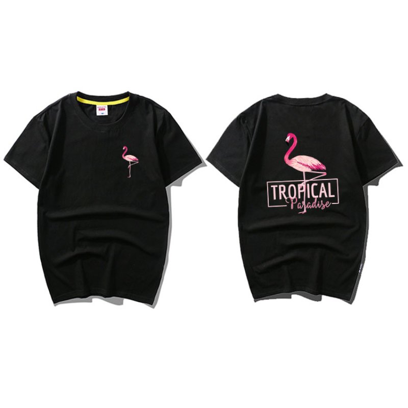 画像5: men's round neck lovers wind half sleeve cottonT-Shirt　　フラミンゴ＆バックロゴプリント半袖Tシャツ　男女兼用　 (5)