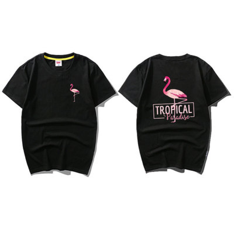 画像4: men's round neck lovers wind half sleeve cottonT-Shirt　　フラミンゴ＆バックロゴプリント半袖Tシャツ　男女兼用　 (4)