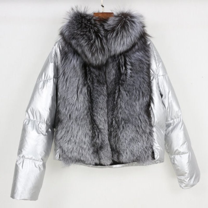 画像17: Woman's natural fox fur collar loose short coat sliver white duck down jacket Real  Fur Coat リアルフォックスファー付きダウンジャケット コート (17)